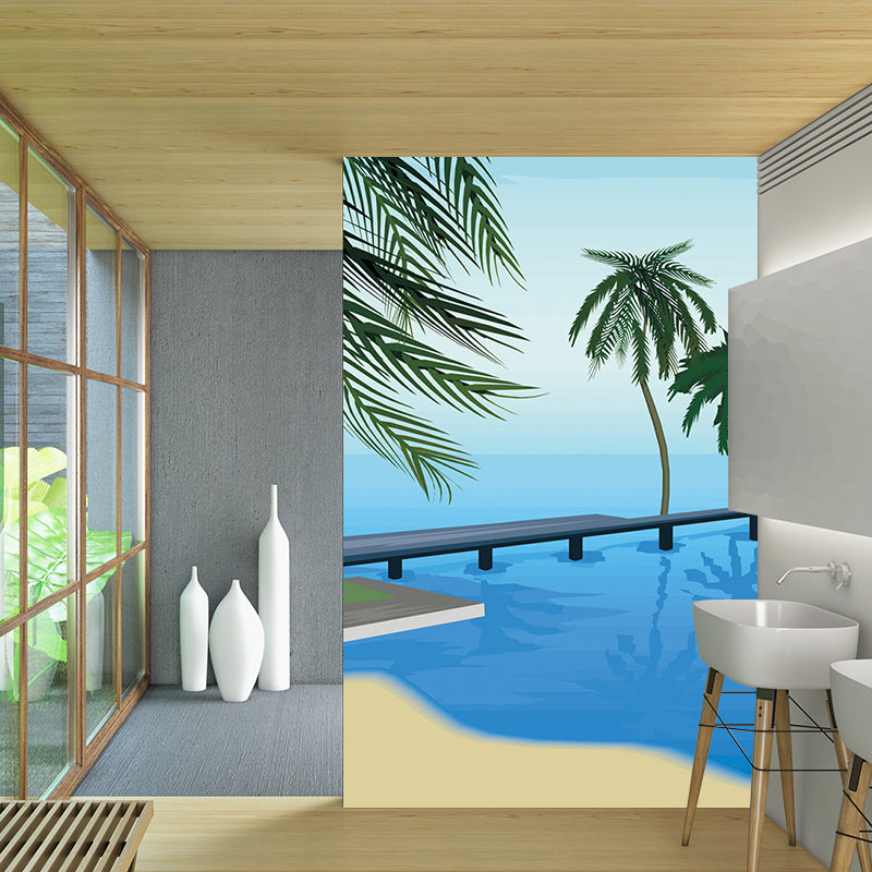 Seashore Palm Tree Wall Murals Blue-Green Tropical Wall Covering for Living Room