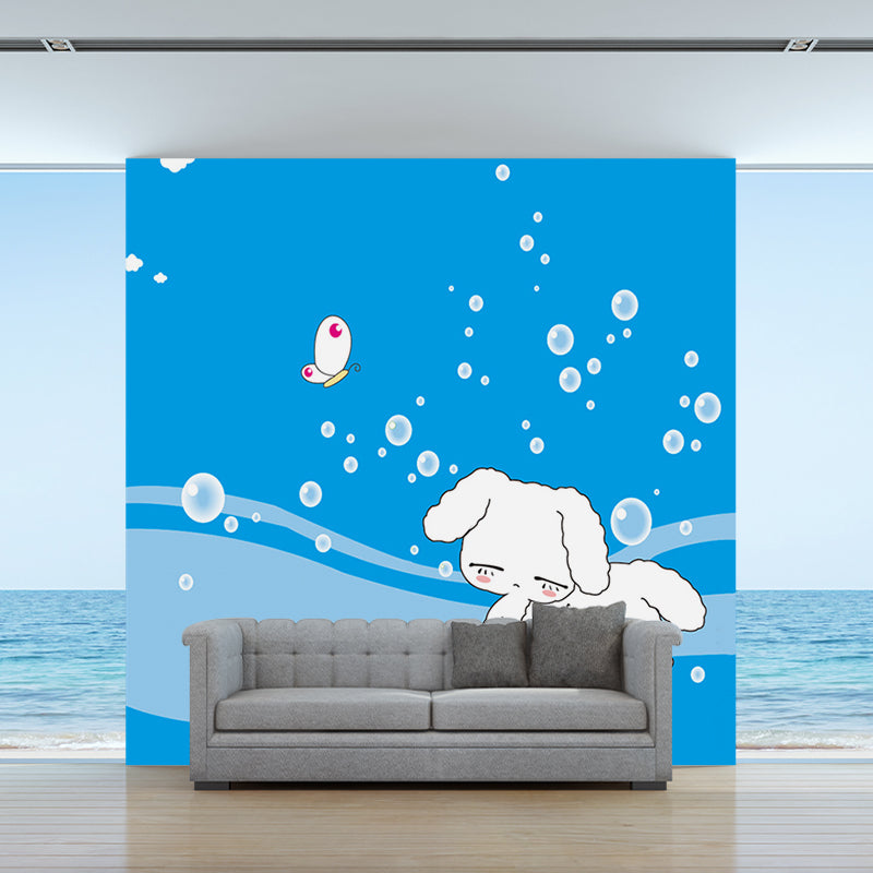 Childrens Art Bubbles Mural Wallpaper White Rabbit Wall Decor on Blue for Nursery