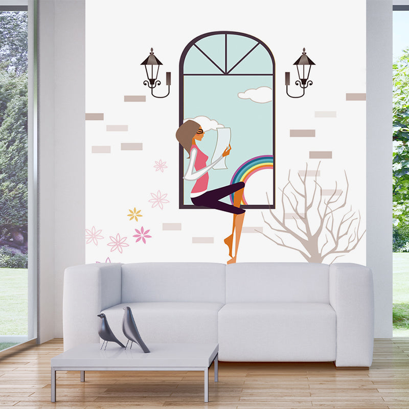 Non-Woven Water-Proof Murals Modern Girl Reading on Window Pattern Wall Covering in Blue-White