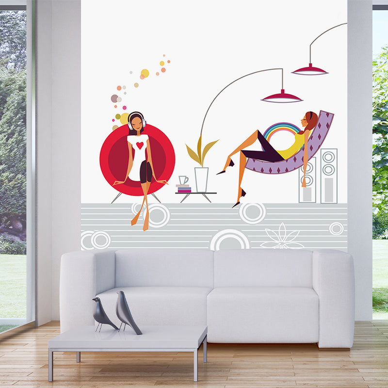 Stylish Girls Leisure Time Murals Red and White Water Resistant Wall Decoration for Bedroom