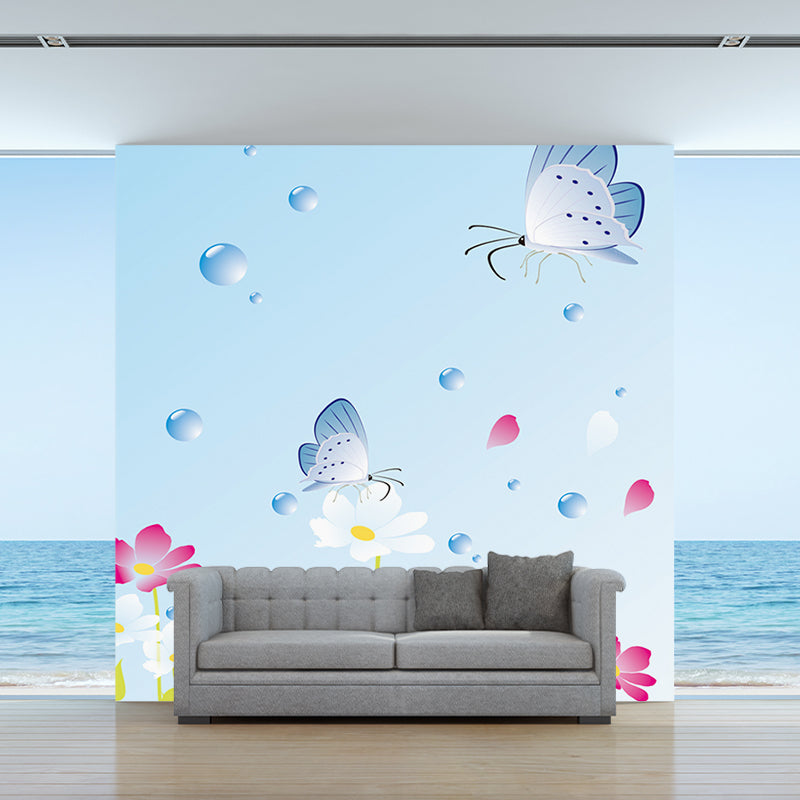 Butterfly on Flowers Wallpaper Murals Cartoon Waterproof Girls Room Wall Art, Optional Size