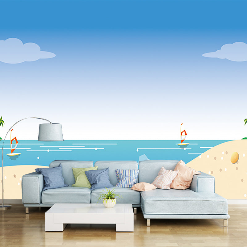 Beach Scenery Wall Mural Decal Childrens Art Smooth Wall Decor in Yellow-Blue, Non-Woven