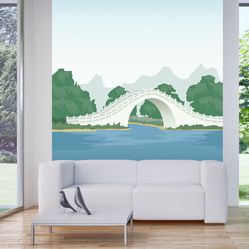 Full Size Scenic Murals Cartoon Beautiful Arch Bridge Wall Covering in Blue and Green