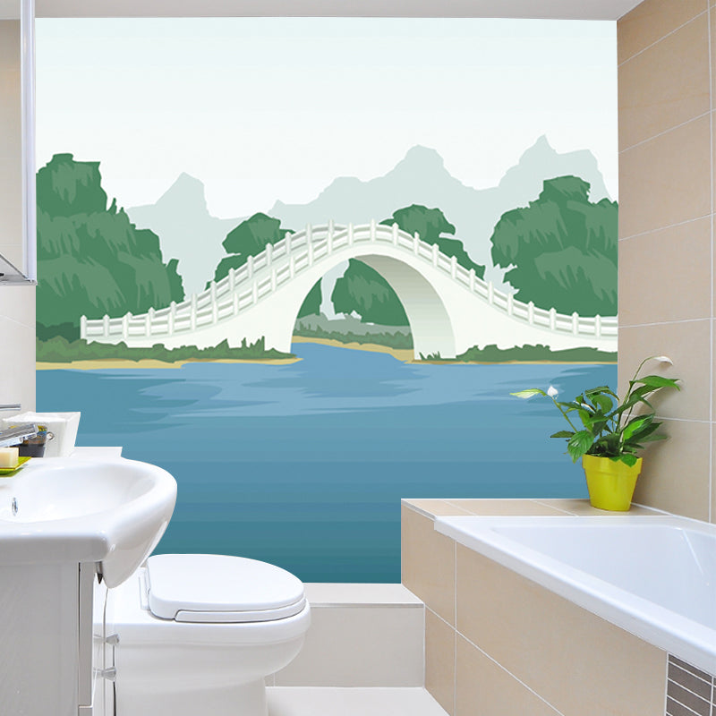 Full Size Scenic Murals Cartoon Beautiful Arch Bridge Wall Covering in Blue and Green