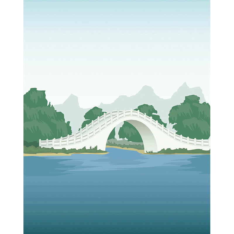 Full Size Scenic Murals Cartoon Beautiful Arch Bridge Wall Covering in Blue and Green