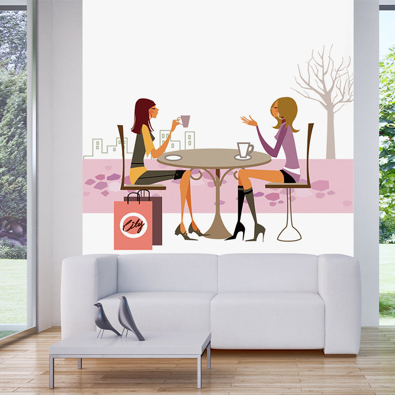 Washable Girls Coffee Chat Mural Non-Woven Fabric Wall Art for Bedroom Decoration, Pink-White