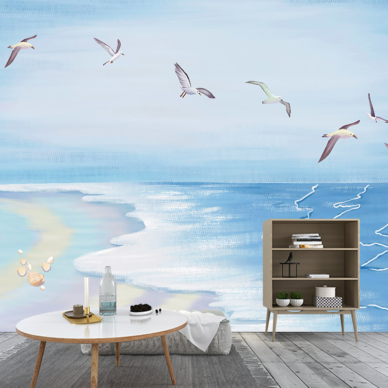 Blue Seashore and Gulls Mural Wallpaper Moisture Resistant Wall Covering for Accent Wall