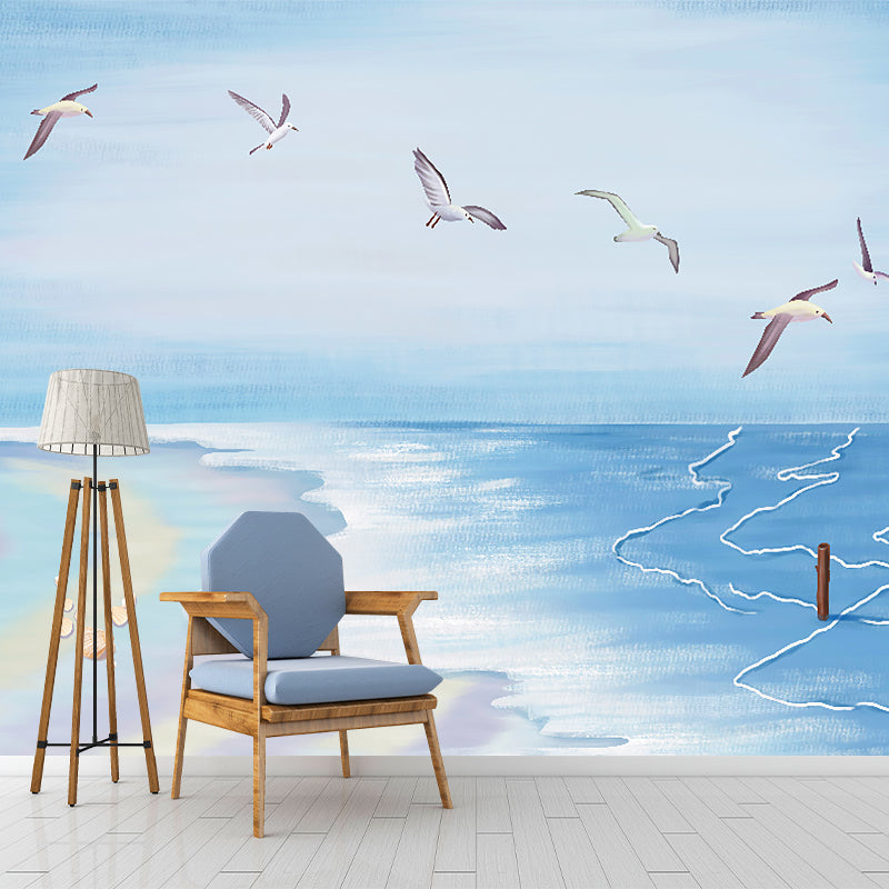 Blue Seashore and Gulls Mural Wallpaper Moisture Resistant Wall Covering for Accent Wall