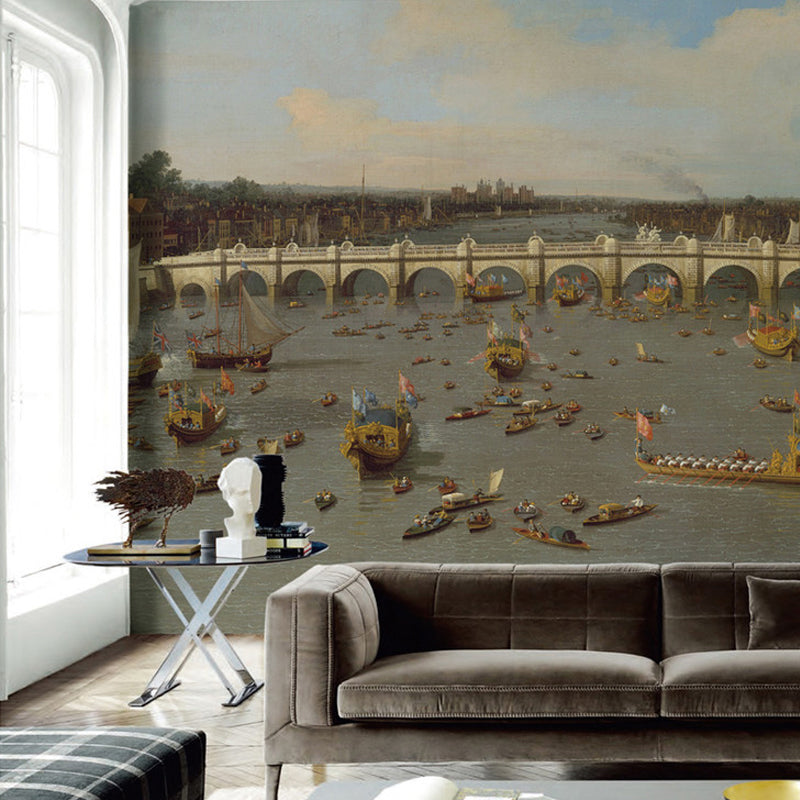 Classic Art Thames River Mural Wallpaper Grey-Blue Waterproof Wall Covering for Living Room