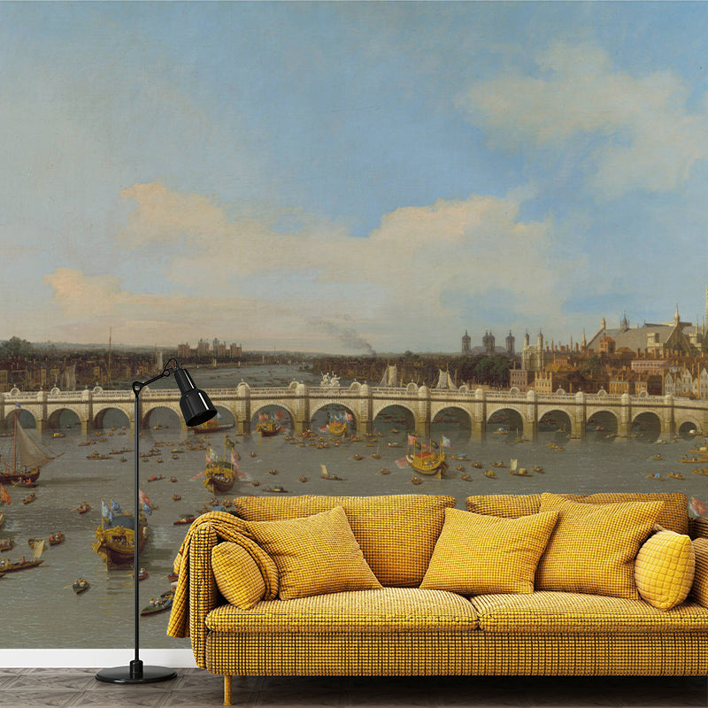 Classic Art Thames River Mural Wallpaper Grey-Blue Waterproof Wall Covering for Living Room