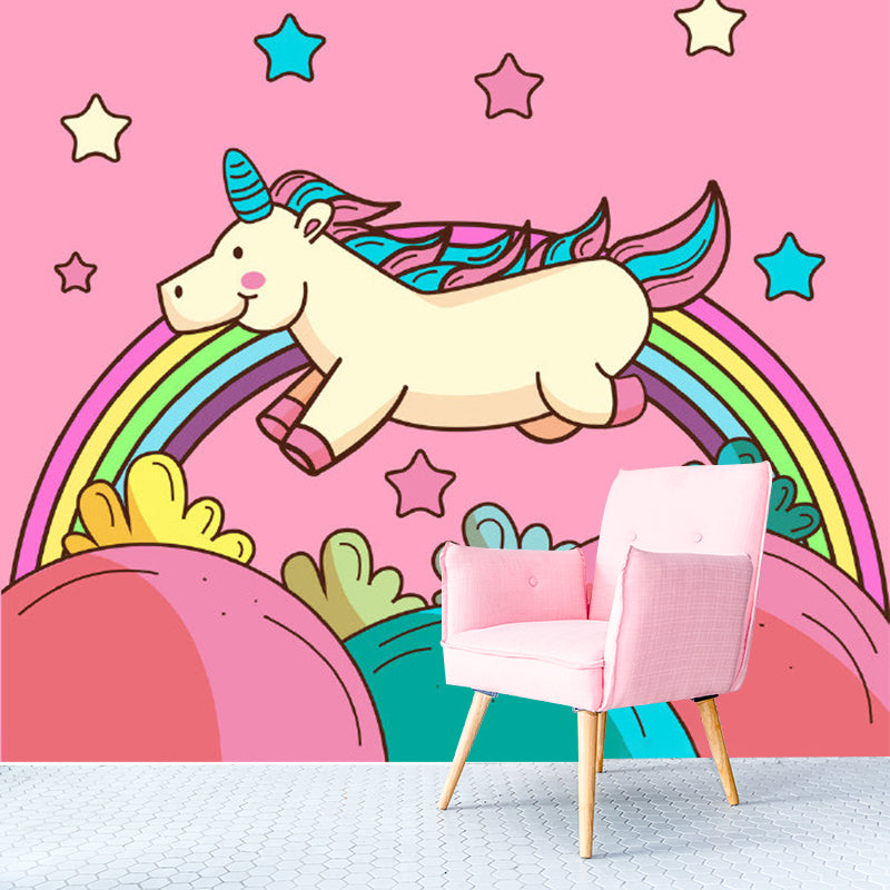 Magic Unicorn Pattern Wall Mural Decal in Pink, Cartoon Style Wall Covering for Baby Room