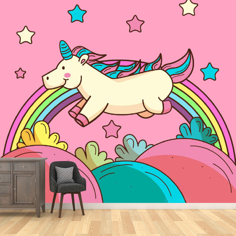 Magic Unicorn Pattern Wall Mural Decal in Pink, Cartoon Style Wall Covering for Baby Room