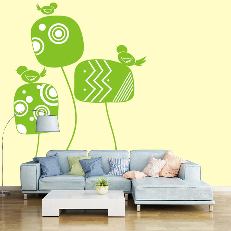 Illustration Birds on Plant Murals Full Size Wall Covering for Kids Bedroom, Personalised Size