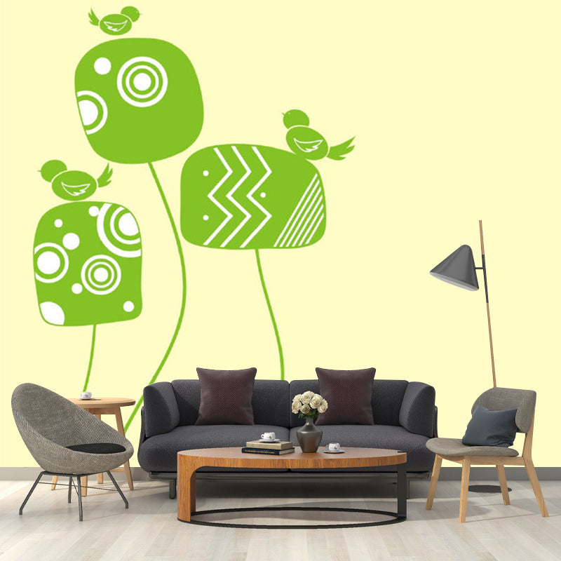 Illustration Birds on Plant Murals Full Size Wall Covering for Kids Bedroom, Personalised Size