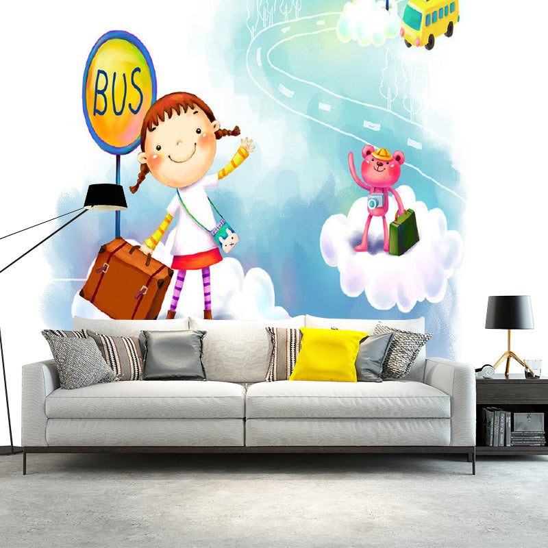 Whole Bus Stop Murals Decal Kids Style Fantasy Little Girl Wall Decor in Blue and White