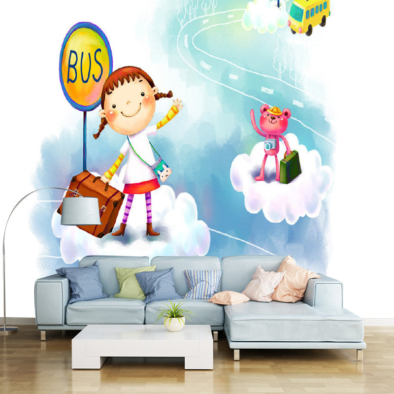 Whole Bus Stop Murals Decal Kids Style Fantasy Little Girl Wall Decor in Blue and White