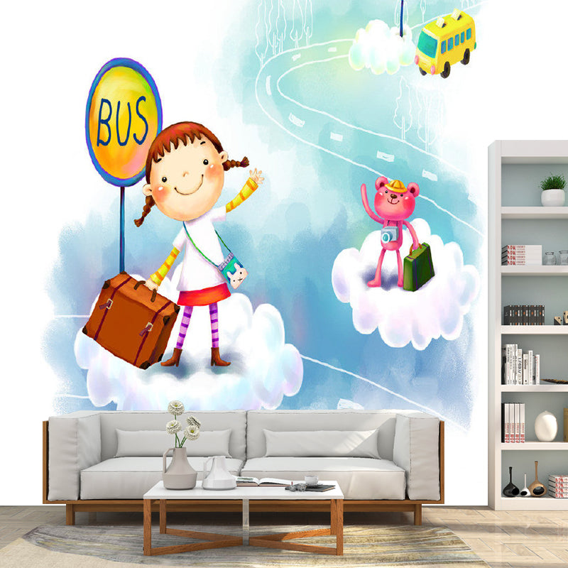 Whole Bus Stop Murals Decal Kids Style Fantasy Little Girl Wall Decor in Blue and White