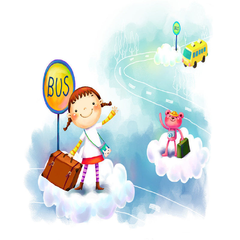 Whole Bus Stop Murals Decal Kids Style Fantasy Little Girl Wall Decor in Blue and White