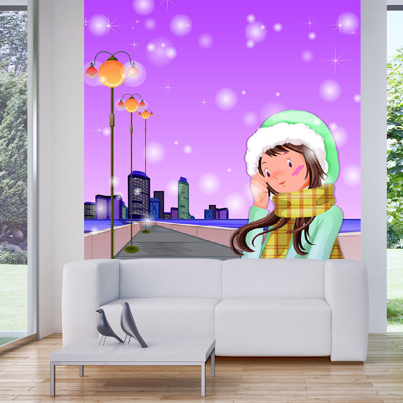 Cartoon Girl on Road Murals Purple Environment Friendly Wall Covering for Bedroom