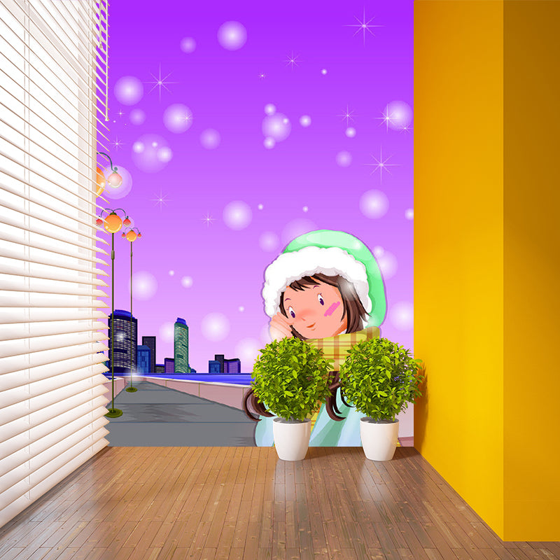 Cartoon Girl on Road Murals Purple Environment Friendly Wall Covering for Bedroom