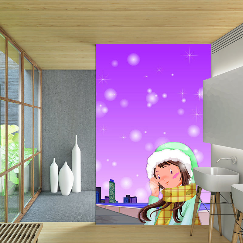 Cartoon Girl on Road Murals Purple Environment Friendly Wall Covering for Bedroom