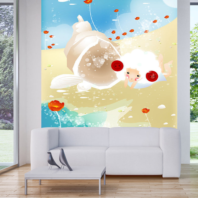 Pastel Color Cartoon Wall Mural Decal Sheep and Florets Kids Style Home Decor Wall Covering