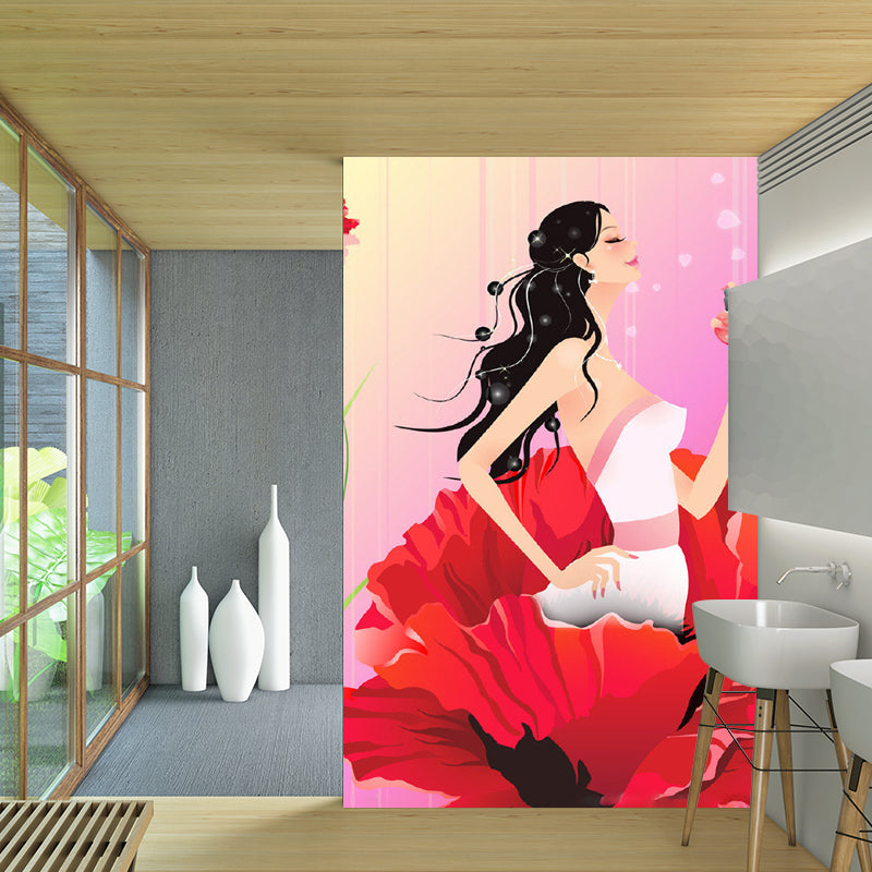 Cartoon Lady in Flower Mural Wallpaper Non-Woven Fabric Eco-friendly Pink Wall Covering for Bedroom