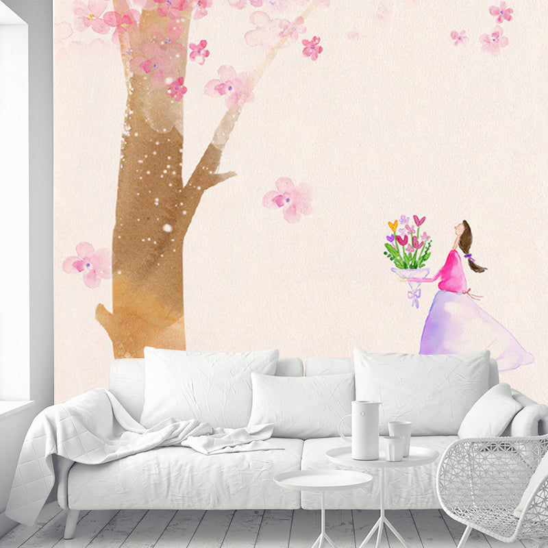 Non-Woven Home Decor Murals Decal Kids Style Girl under Blossom Tree Wall Covering