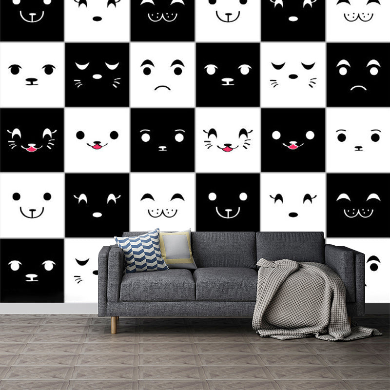 White and Black Grid Murals for Wall Expression of Animals Cartoon Eco-Friendly Wall Art