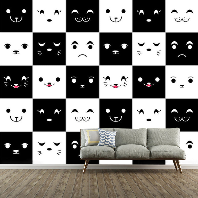 White and Black Grid Murals for Wall Expression of Animals Cartoon Eco-Friendly Wall Art