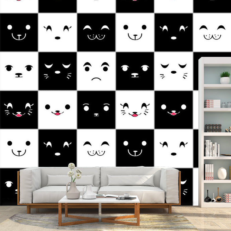 White and Black Grid Murals for Wall Expression of Animals Cartoon Eco-Friendly Wall Art