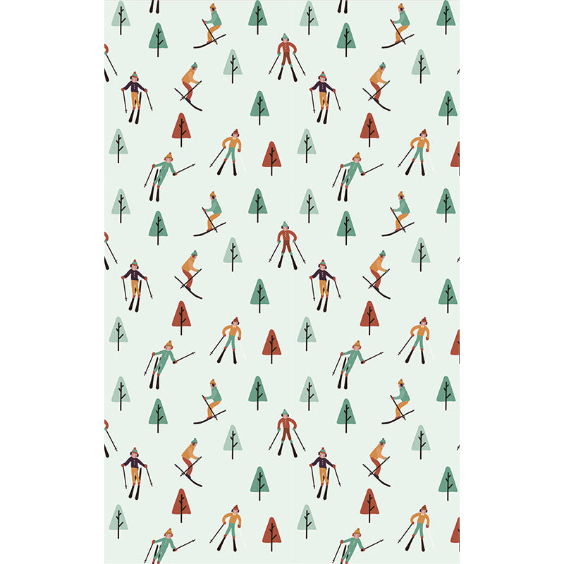 Skiers and Snow Forest Murals in Green-Red, Childrens Art Wall Covering for Kids Bedroom