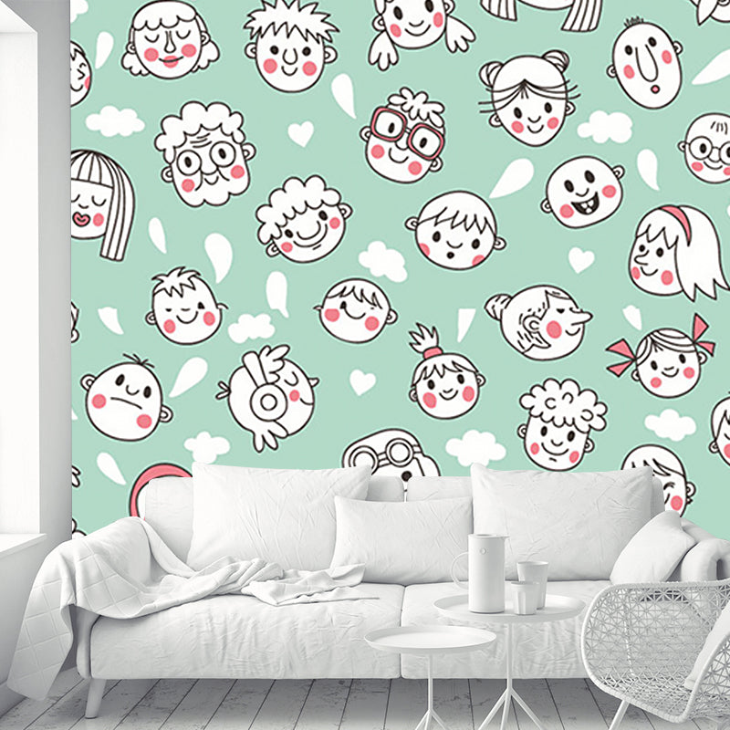 Green-White Face Wallpaper Murals Decorative Cartoon Style Baby Bedroom Wall Art