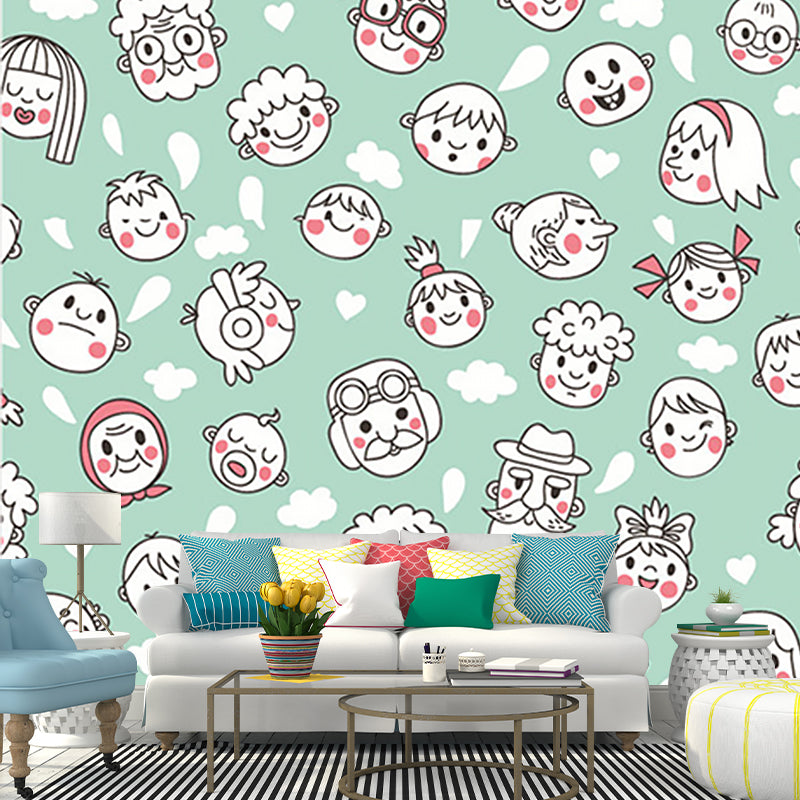 Green-White Face Wallpaper Murals Decorative Cartoon Style Baby Bedroom Wall Art