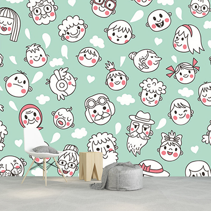 Green-White Face Wallpaper Murals Decorative Cartoon Style Baby Bedroom Wall Art