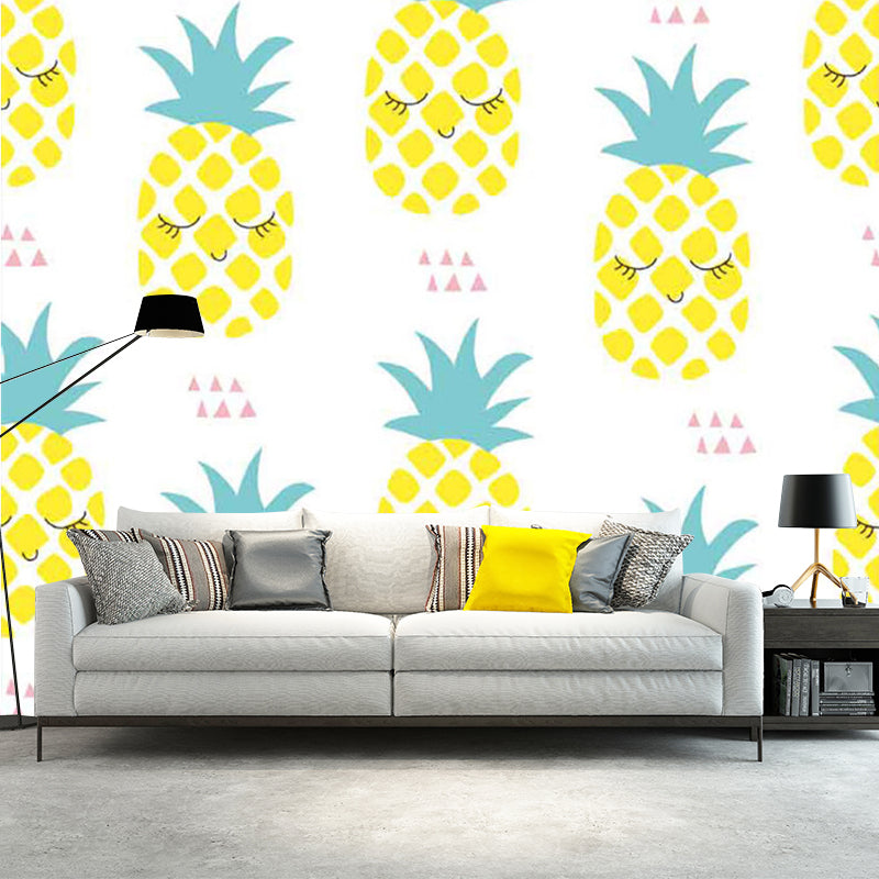 Food Pineapple Wall Paper Murals Kids Style Non-Woven Fabric Wall Decor in Yellow and Green