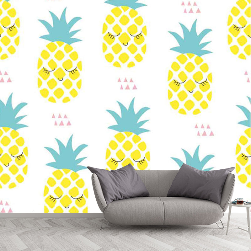 Food Pineapple Wall Paper Murals Kids Style Non-Woven Fabric Wall Decor in Yellow and Green