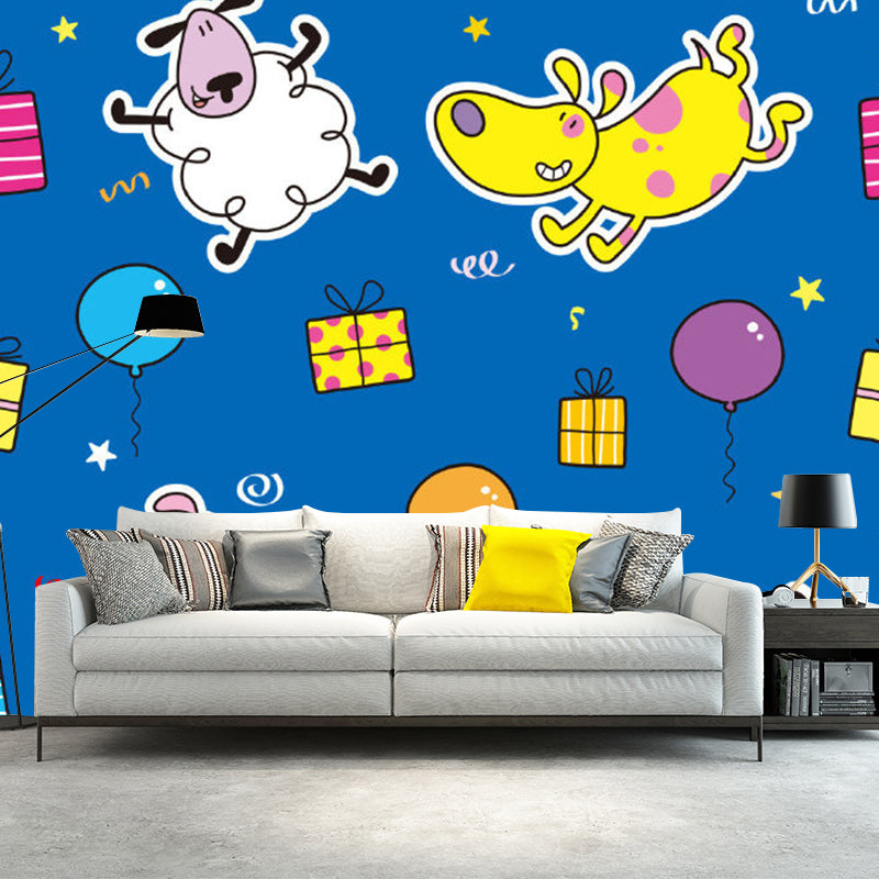 Cartoon Dog and Sheep Murals Wallpaper for Kids Bedroom, Personalised Size Wall Art in Yellow and Blue