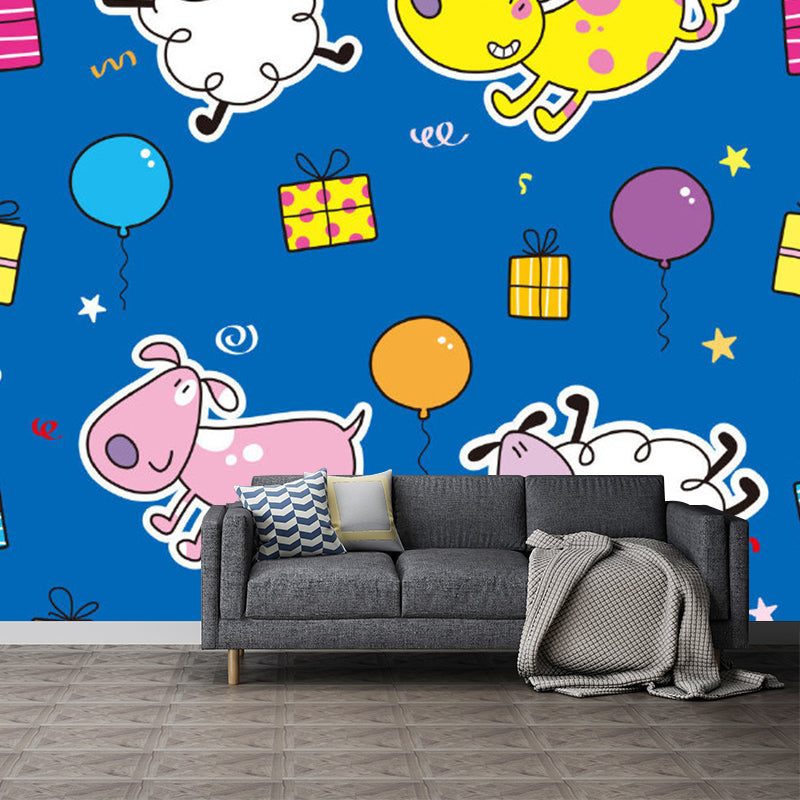 Cartoon Dog and Sheep Murals Wallpaper for Kids Bedroom, Personalised Size Wall Art in Yellow and Blue