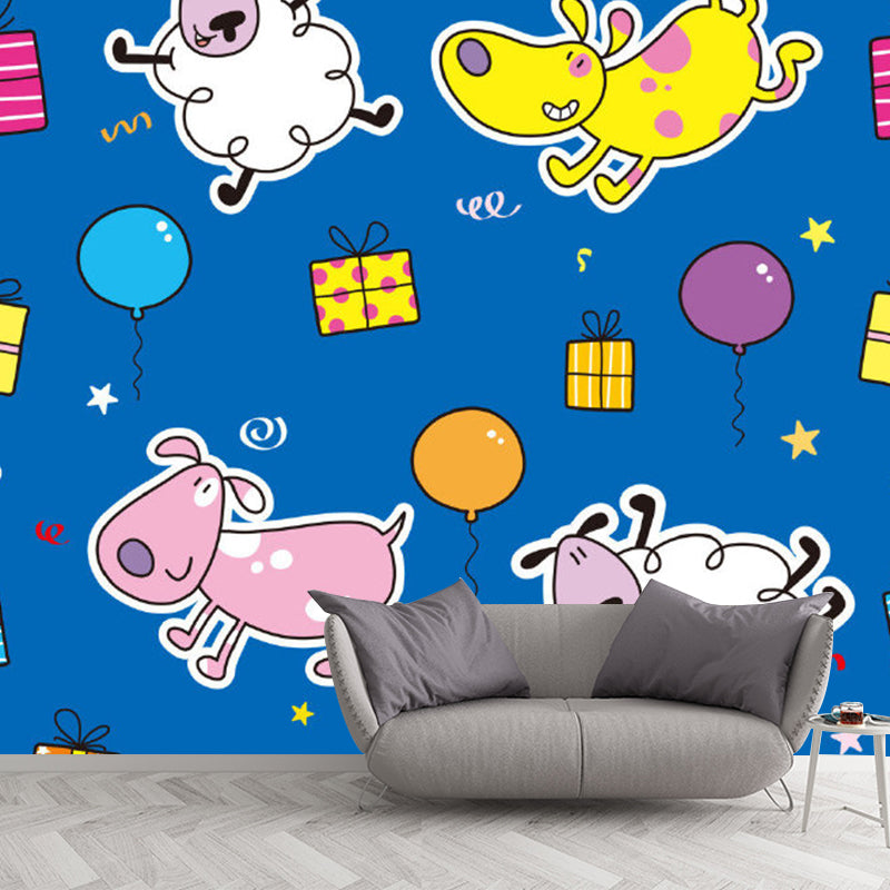 Cartoon Dog and Sheep Murals Wallpaper for Kids Bedroom, Personalised Size Wall Art in Yellow and Blue