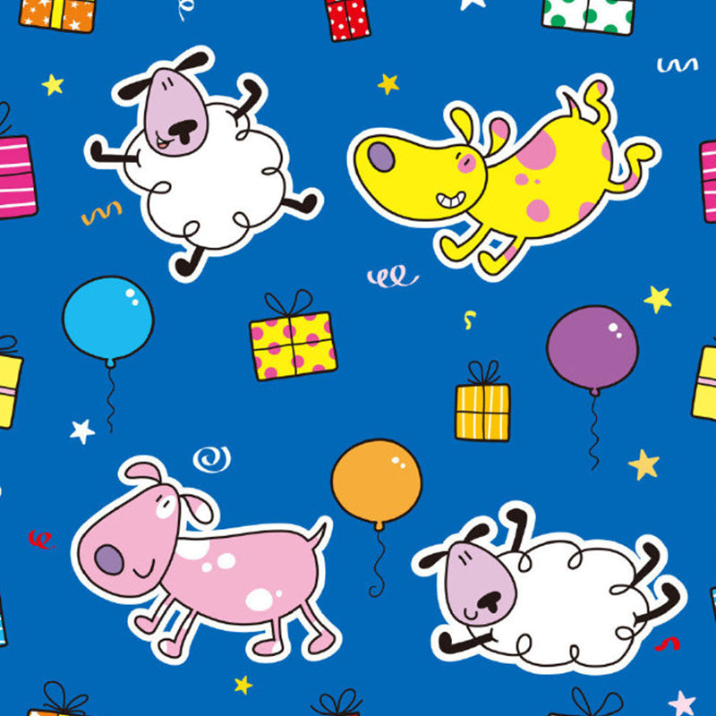 Cartoon Dog and Sheep Murals Wallpaper for Kids Bedroom, Personalised Size Wall Art in Yellow and Blue