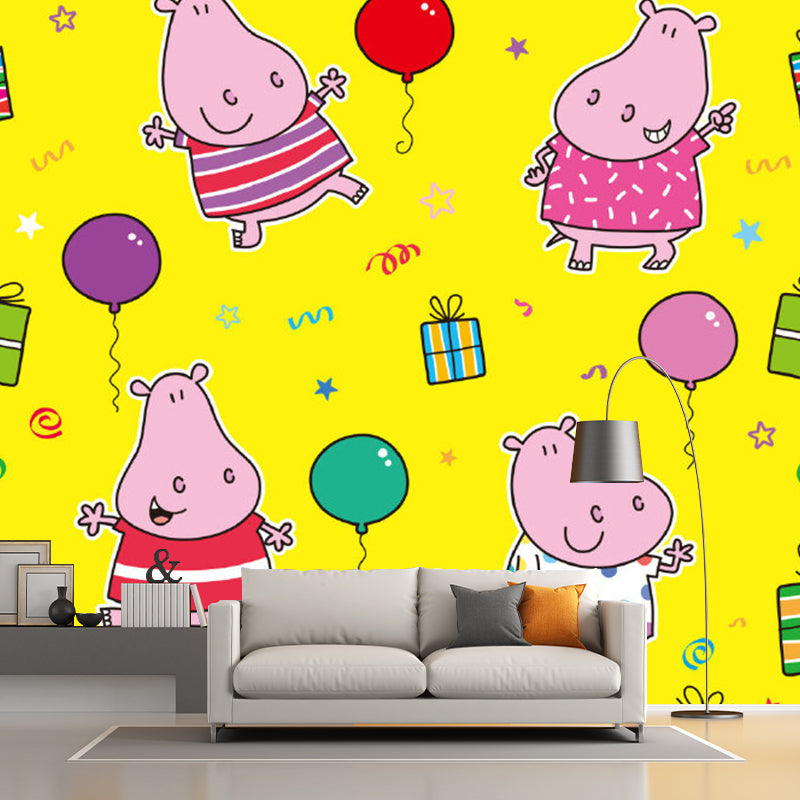 Cartoon Hippopotamus Wallpaper Murals in Pink and Yellow, Childrens Art Wall Decor for Bedroom