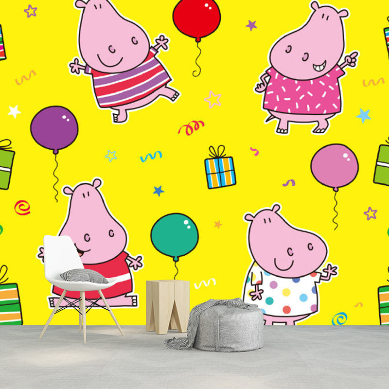 Cartoon Hippopotamus Wallpaper Murals in Pink and Yellow, Childrens Art Wall Decor for Bedroom