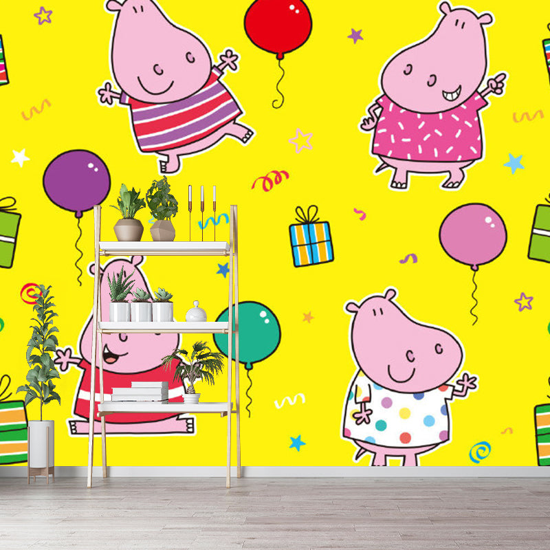 Cartoon Hippopotamus Wallpaper Murals in Pink and Yellow, Childrens Art Wall Decor for Bedroom