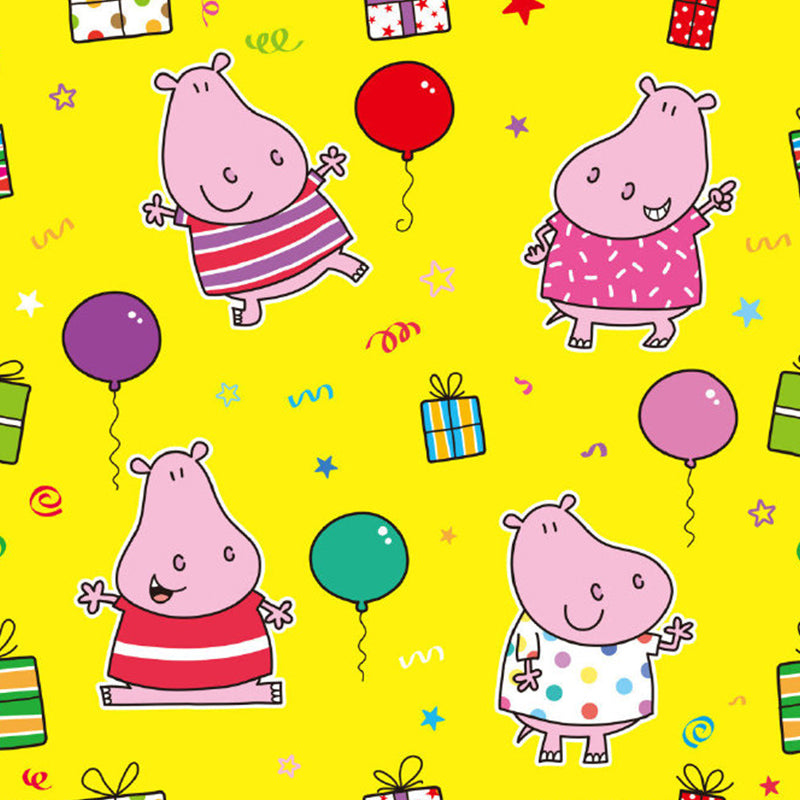 Cartoon Hippopotamus Wallpaper Murals in Pink and Yellow, Childrens Art Wall Decor for Bedroom