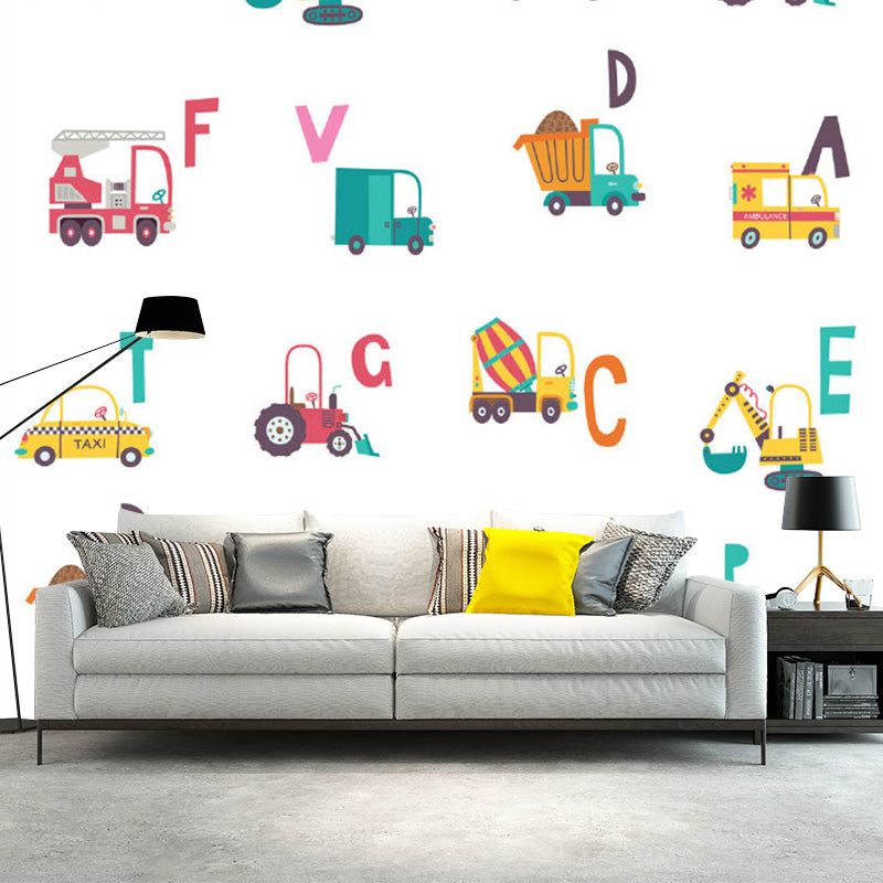 Yellow and Green Transportation Murals Vehicles Kids Style Mildew Resistant Wall Art for Boys Room