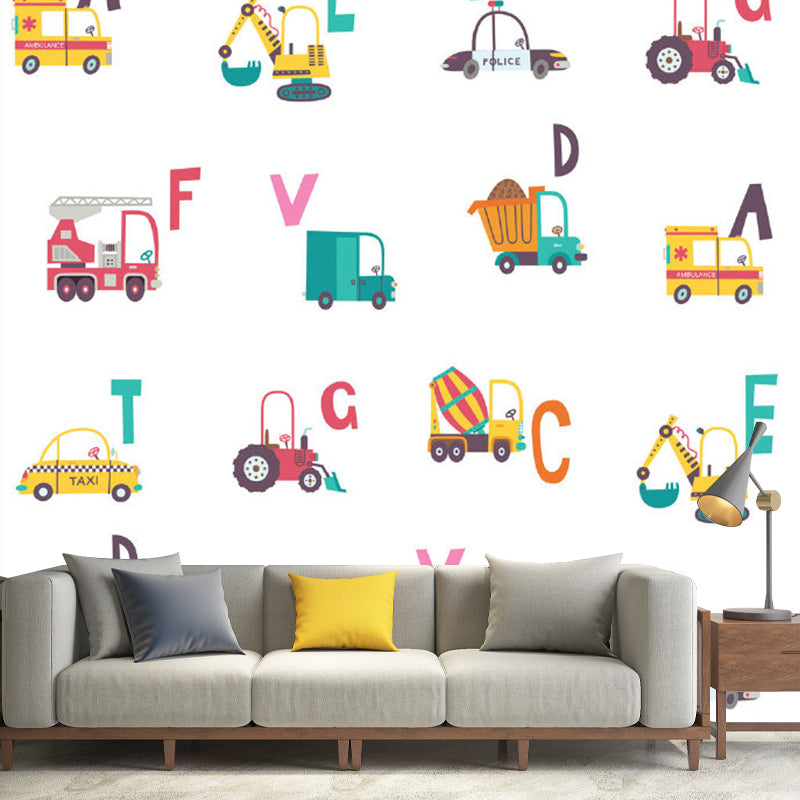 Yellow and Green Transportation Murals Vehicles Kids Style Mildew Resistant Wall Art for Boys Room