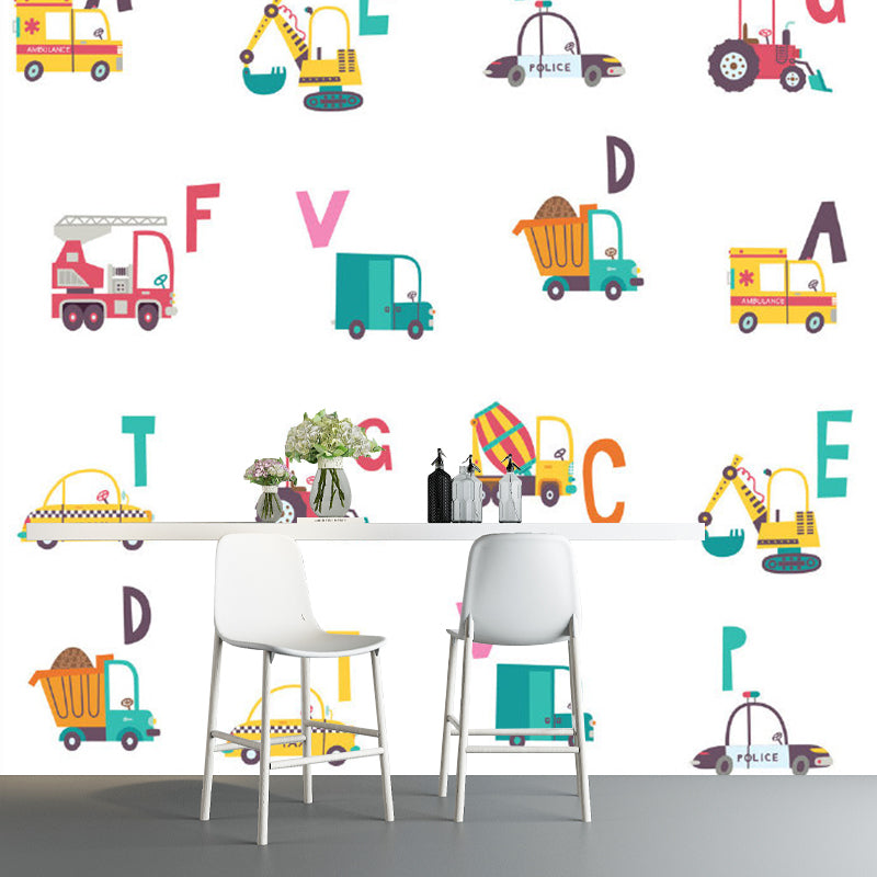 Yellow and Green Transportation Murals Vehicles Kids Style Mildew Resistant Wall Art for Boys Room