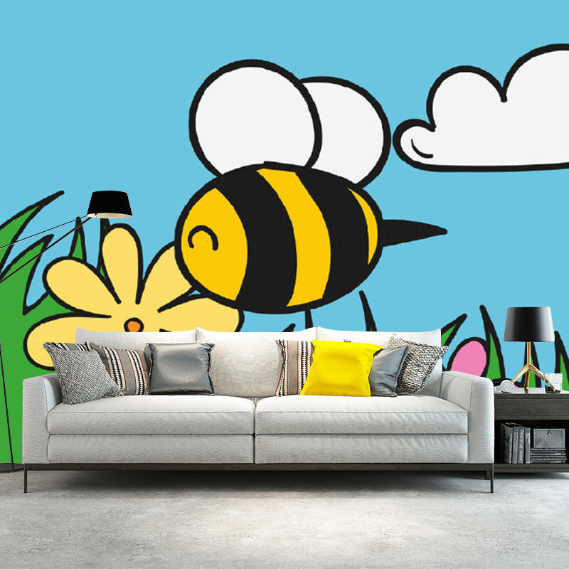 Extra Large Bee Mural Decal Cartoon Style Flower Wall Covering in Colorful, Stain Resistant