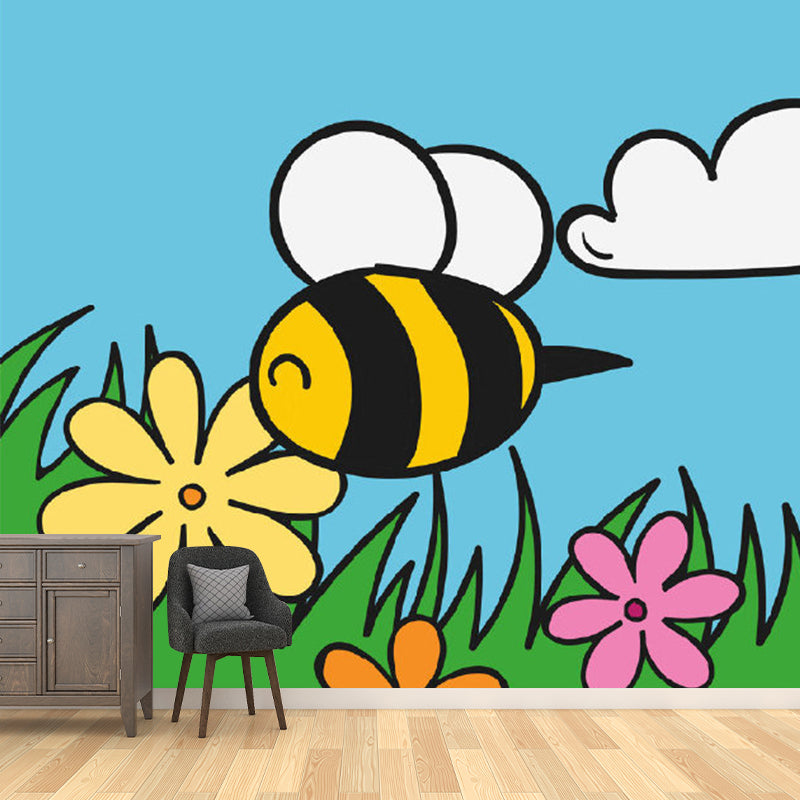 Extra Large Bee Mural Decal Cartoon Style Flower Wall Covering in Colorful, Stain Resistant